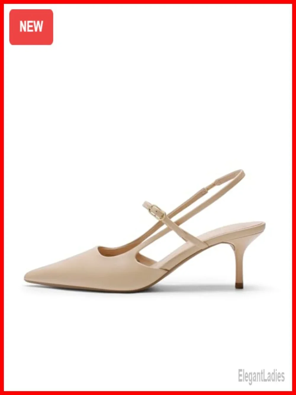 Kitten Heel Slingback Pointed Toe Pumps with Adjustable Strap Faux Leather